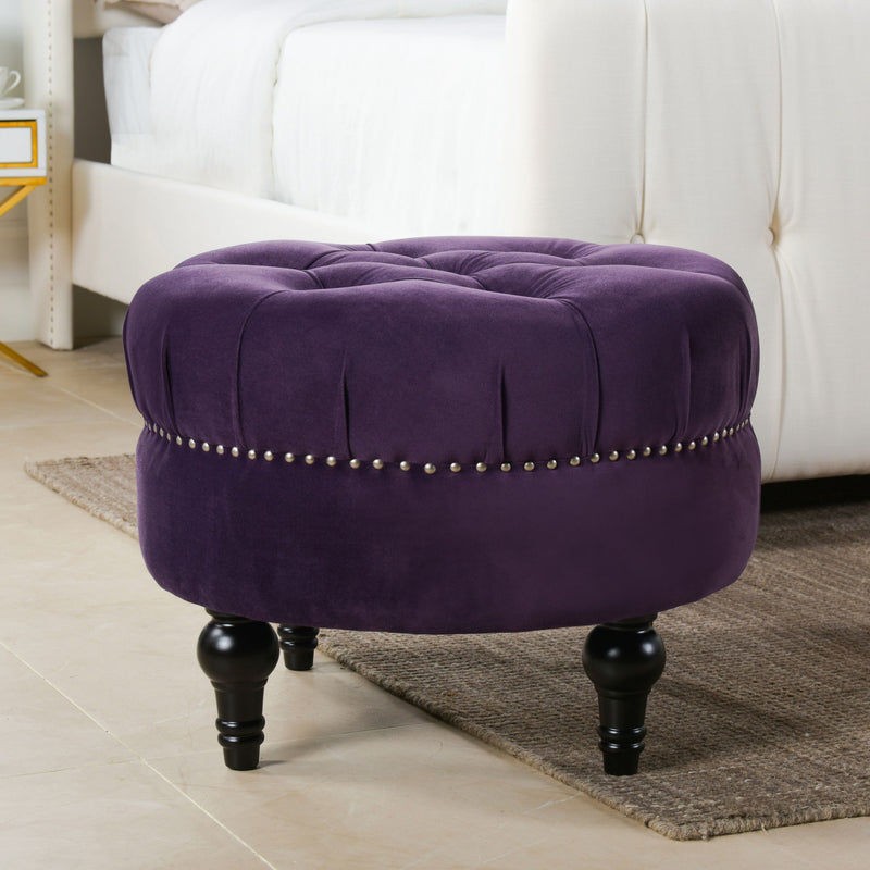 Dawn - Tufted Round Ottoman Nailhead Accents - Purple