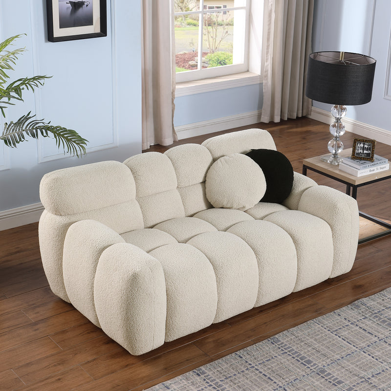 64.96 length ,35.83" deepth ,human body structure for USA people,  marshmallow sofa,boucle sofa ,2  seater, BEIGE  BOUCLE