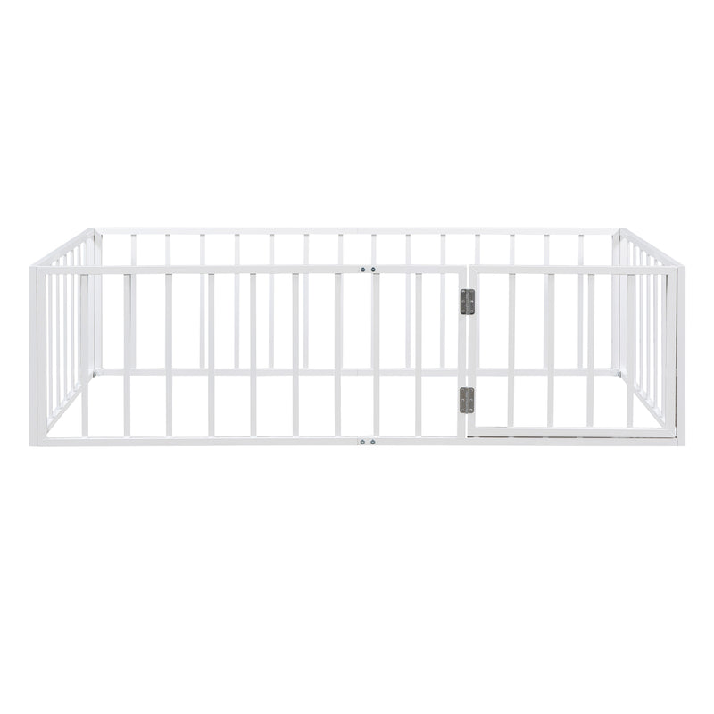 Twin Size Metal Floor Bed Frame with Fence and Door, White