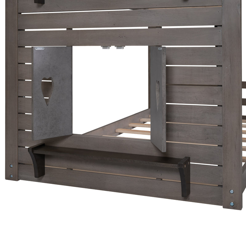 Twin Over Twin Bunk Bed Wood Bed with Roof, Window, Slide, Ladder ,Antique Gray(OLD SKU:LP000059AAE)