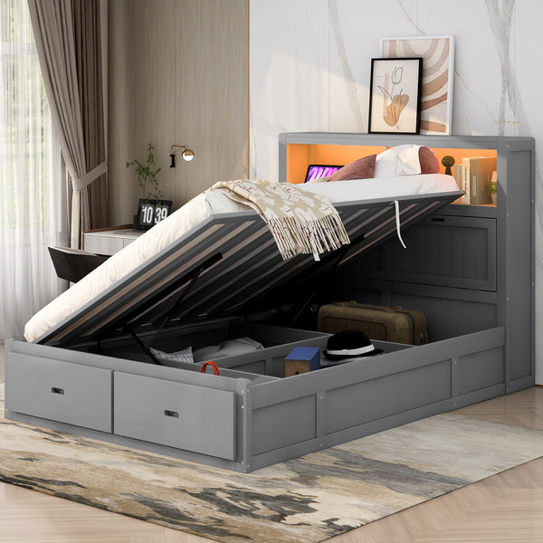 Wood Queen Size Hydraulic Platform Bed with Storage LED Headboard, Charging Station and 2 Drawers, Gray