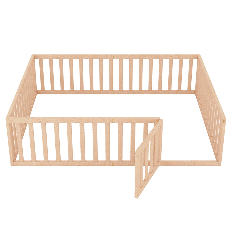 Queen Size Wood Floor Bed Frame with Fence and Door, Natural(OLD SKU:WF289663AAM)