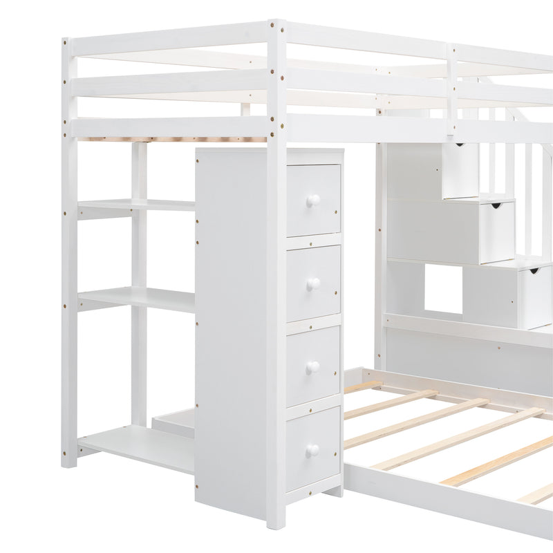 Twin Over Full Bunk Bed with 3-layer Shelves, Drawers and Storage Stairs, White