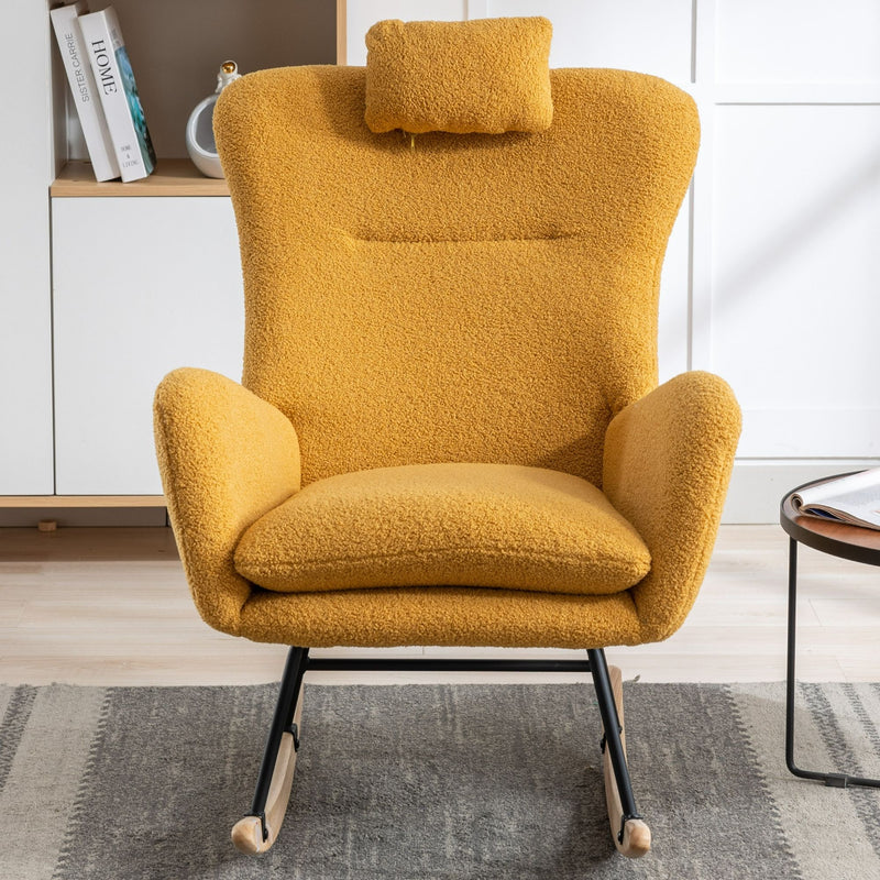 35.5" Rocking Chair With Pocket, Soft Teddy Fabric Rocking Chair For Nursery, Comfy Wingback Glider Rocker With Safe Solid Wood Base For Living Room Bedroom Balcony - Turmeric