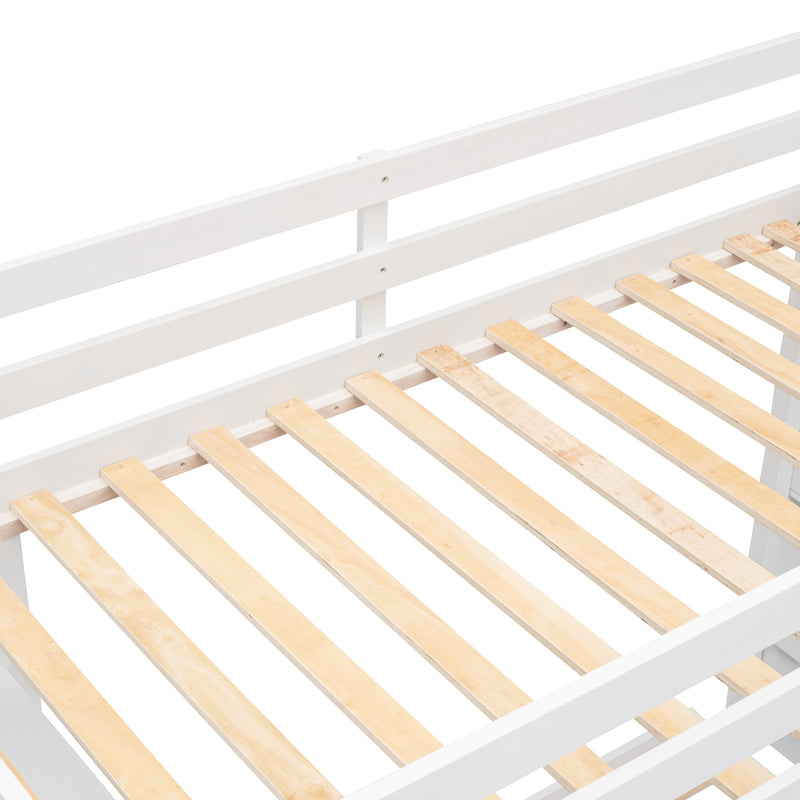 Twin Over Full Bunk Bed with 3-layer Shelves, Drawers and Storage Stairs, White