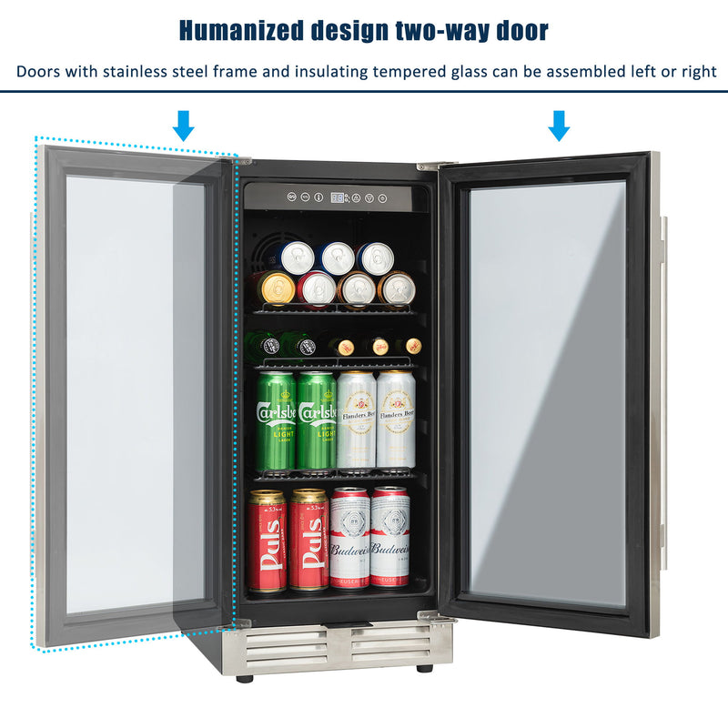 Built-In And Freestanding Mini Beverage Refrigerator / Wine Cabinet, 120 Cans, 37-65°F, Quiet, Adjustable Shelves, LED Lighting, Etl, Touch Controls, Defrost, Double Glass Door - Black / Silver