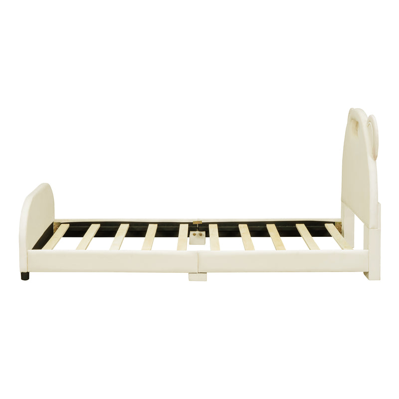 Twin Size Upholstered Platform Bed with Bear-Shaped Headboard and Embedded Light Stripe, Velvet, Beige