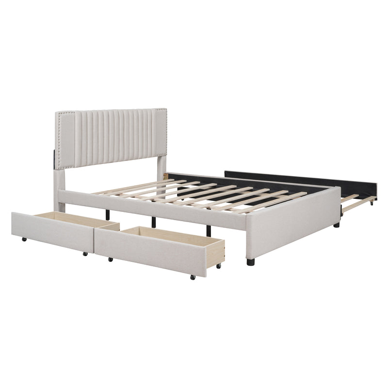 Queen Size Upholstered Platform Bed with 2 Drawers and 1 Twin XL Trundle, Classic Headboard Design, Beige