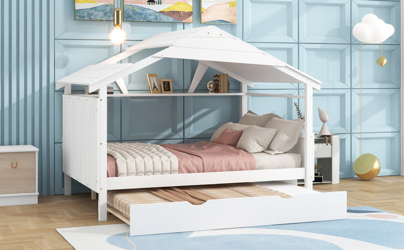 Wood Full Size House Bed with Twin Size Trundle and Storage, White