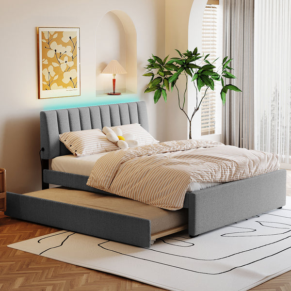 Teddy Fleece Queen Size Upholstered Platform Bed with Trundle, Gray