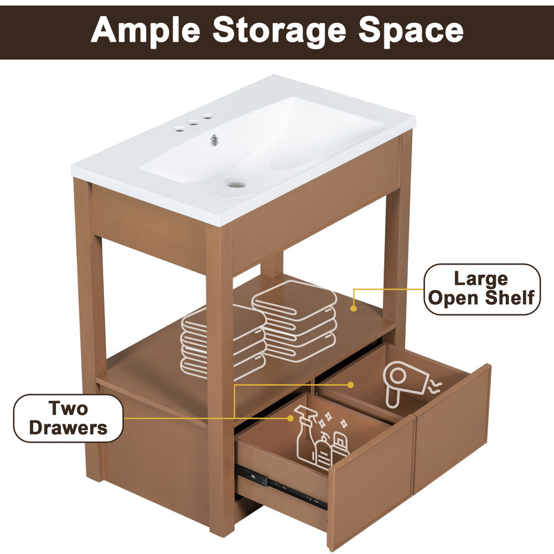 Bathroom Vanity Without Sink Top, Cabinet Base Only, Open Storage Shelf And Two Drawers - Brown