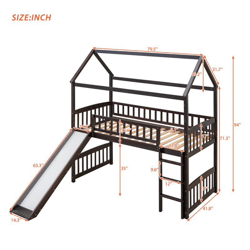 Twin Loft Bed with Slide, House Bed with Slide,Espresso(OLD SKU :LT000212AAP)