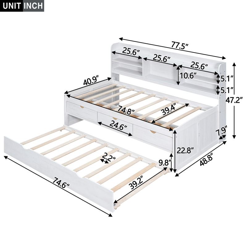 Twin Size Wooden Captain Bed with Built-in Bookshelves,Three Storage Drawers and Trundle, White Wash