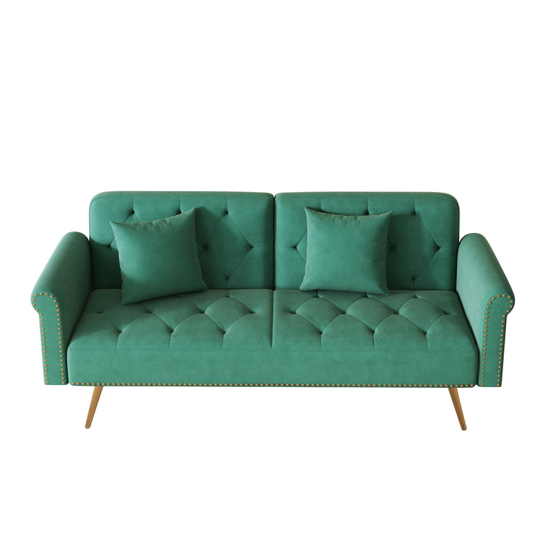 Velvet Nail Head Sofa Bed With Throw Pillow