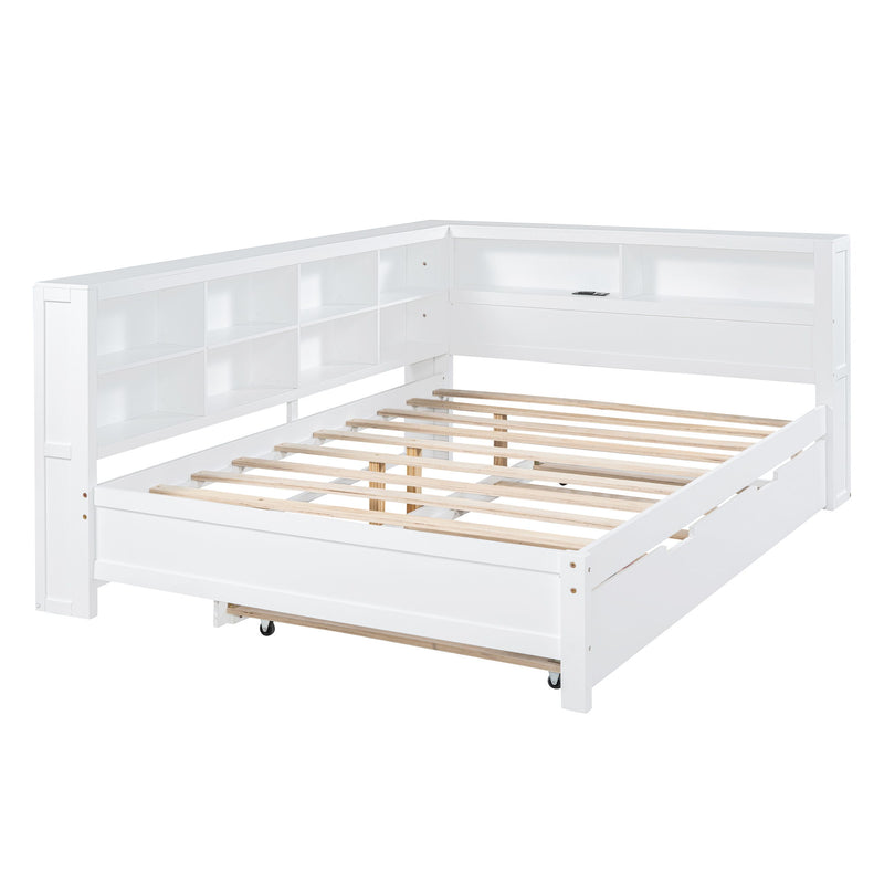 Wooden Full Size Daybed With Twin Size Trundle, Daybed With Storage Shelf And USB Charging Ports - White