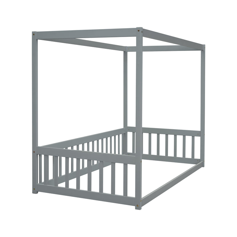 Canopy Frame Floor Bed With Fence, Guardrails