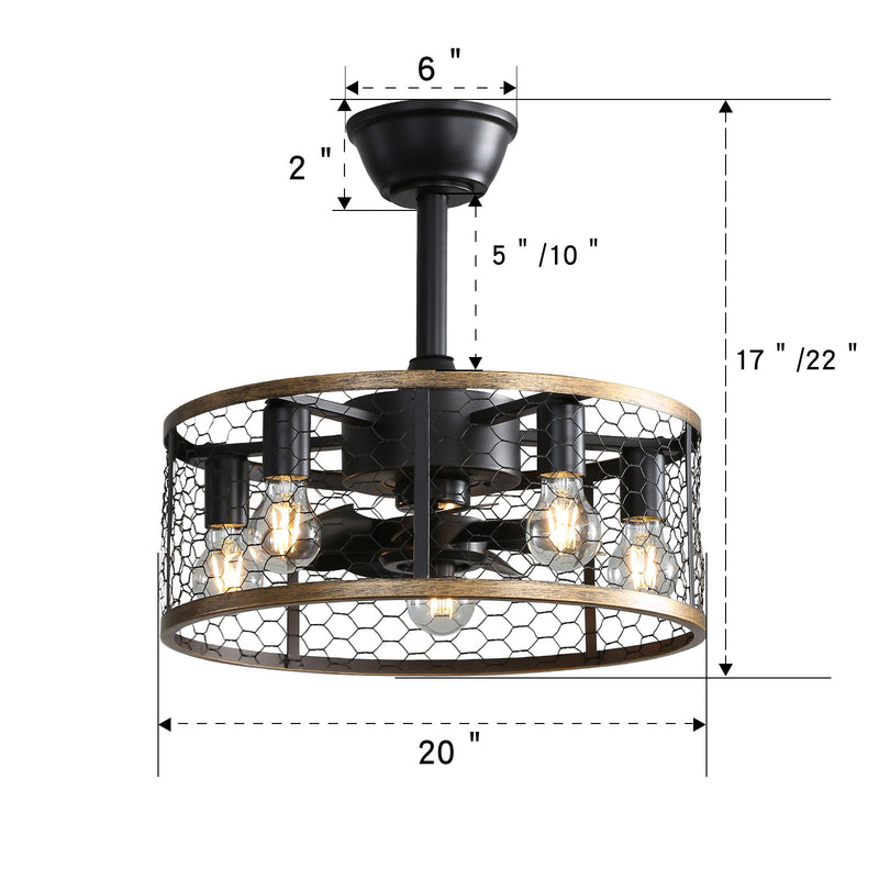 20" Industrial Caged Ceiling Fan With 7 - ABS Blades Remote Control, Small Ceiling Fan Reversible DC Motor - Black