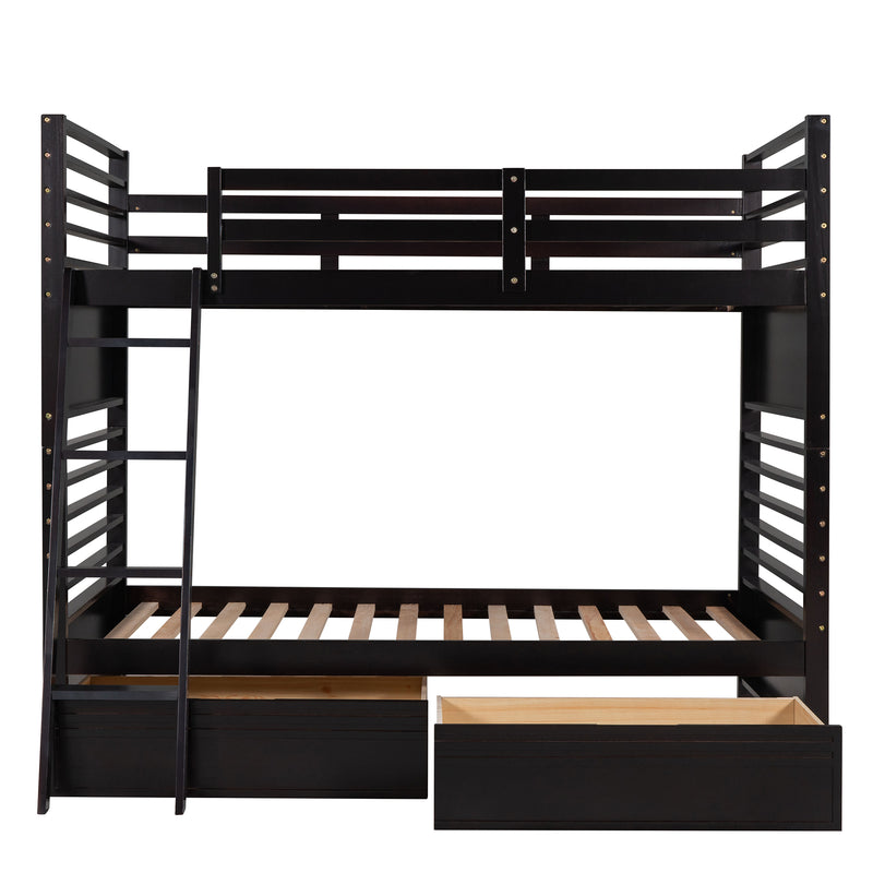 Twin over Twin Wood Bunk Bed with Two Drawers - Espresso