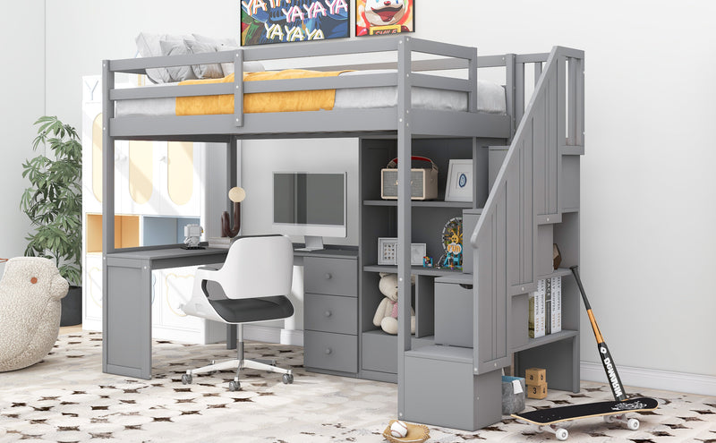 Twin Size Loft Bed with L-Shaped Desk and Drawers, Cabinet and Storage Staircase, Gray