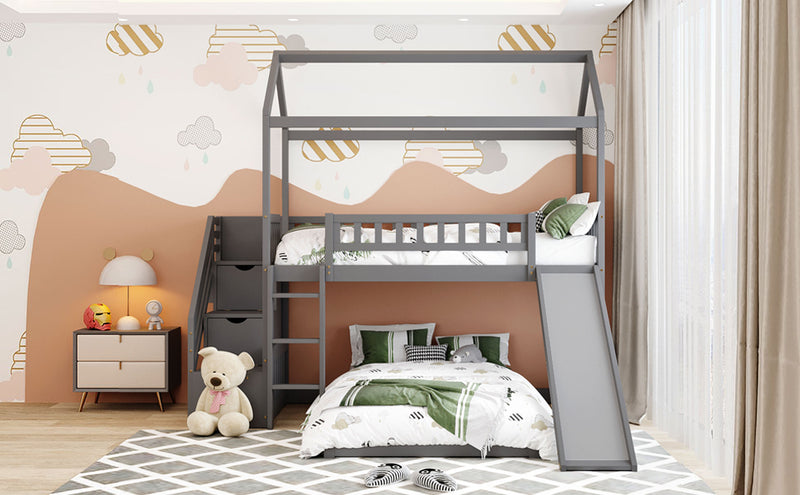 Twin Over Twin Bunk Bed with Two Drawers and Slide, House Bed with Slide, White(OLD SKU :LP000129AAE)