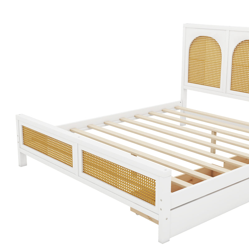 Queen Size Wood Storage Platform Bed with 2 Drawers, Rattan Headboard and Footboard, White