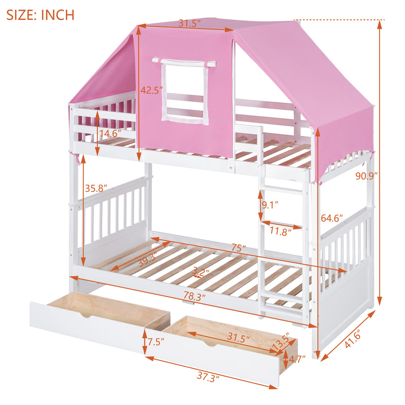 Twin Over Twin Bunk Bed Wood Bed with Tent and Drawers, White+Pink Tent