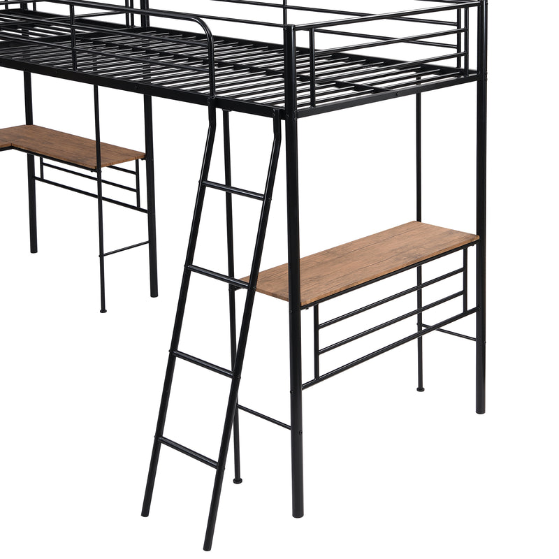 Twin Size Metal Loft Bed with Two Built-in Desks,Black