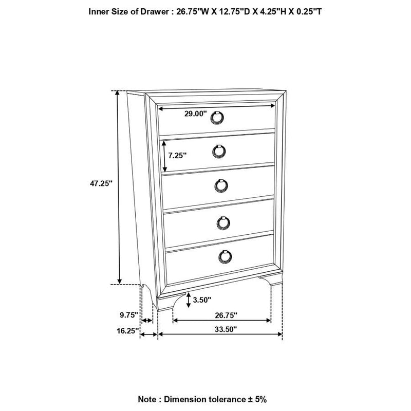 Salford - 5-Drawer Bedroom Chest - Metallic Sterling