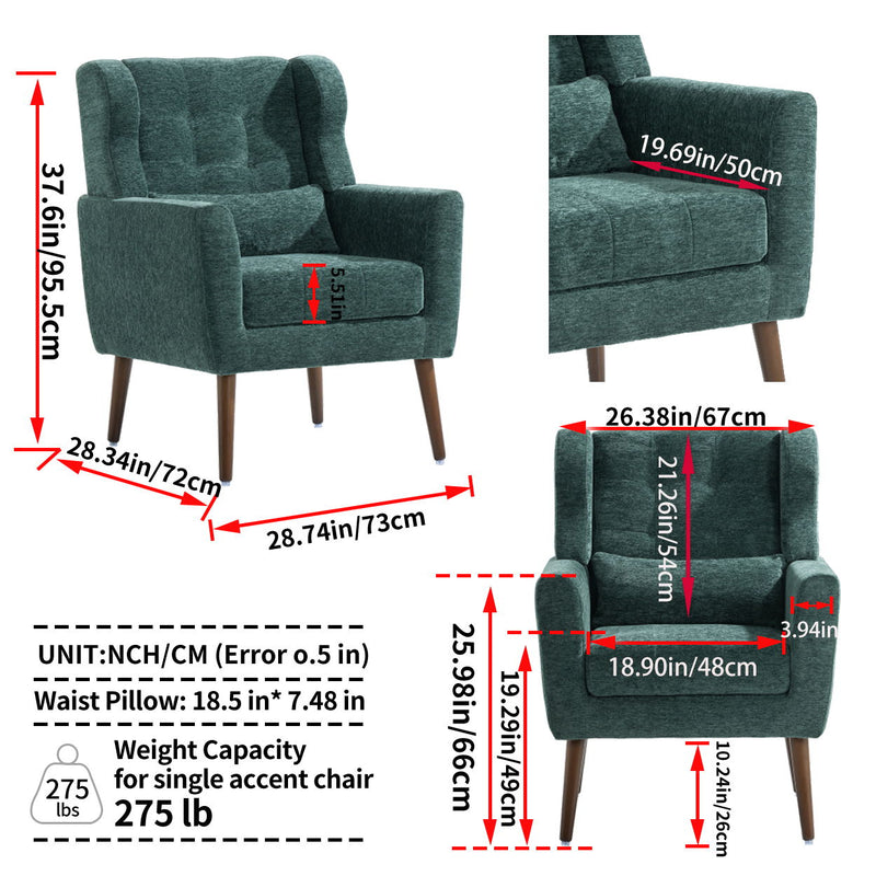 Modern Accent Chair, Chenille Arm Chairs For Living Room, Upholstered Mordern Armchair, Comfy Soft Padded Lounge Chair In Small Space, Bedroom, With Pillow, Solid Wood Leg