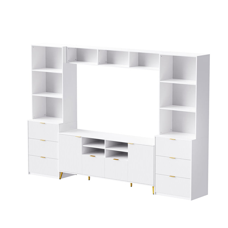 4 Piece Entertainment Wall Unit With 13 Shelves, 8 Drawers And 2 Cabinets, Multifunctional TV Stand Media Storage Cabinet With Fluted Line Surface For Living Room, For TVs Up To 70"