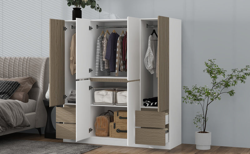 6 Doors Wardrobe Storage For Bedroom, With 4 Drawers - White / Nature