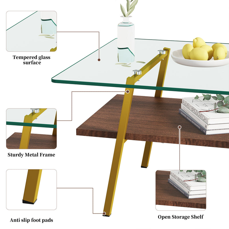 Rectangle Coffee Table, Tempered Glass Tabletop With Metal Legs, Modern Table For Living Room