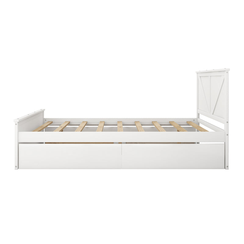 Queen Size Wooden Platform Bed with Four Storage Drawers and Support Legs, White