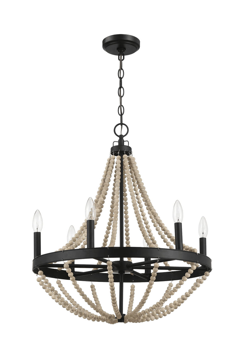 Starry - Chandelier Farmhouse Six Candle Light Wood Beaded Pendant Light For Dining Room - Black / Clear