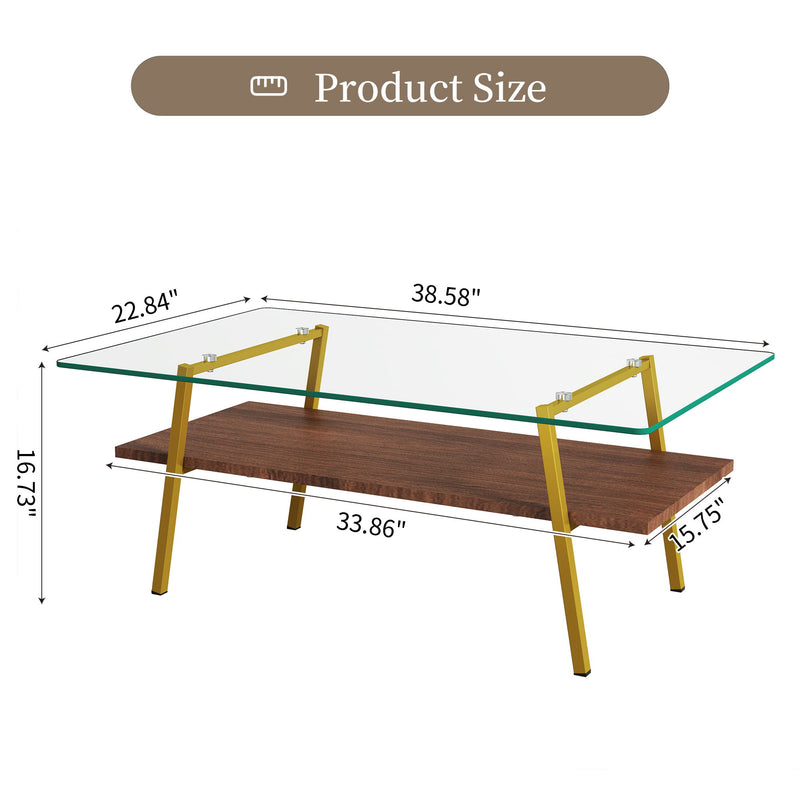 Rectangle Coffee Table, Tempered Glass Tabletop With Metal Legs, Modern Table For Living Room