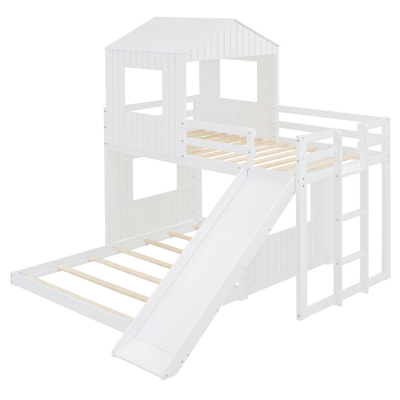 Wooden Twin Over Full Bunk Bed, Loft Bed With Playhouse, Farmhouse, Ladder, Slide And Guardrails - White