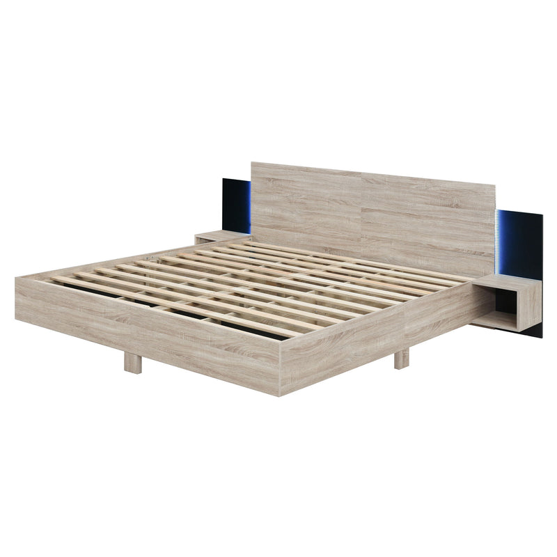 Floating Platform Bed, With LED Lights, Bedside Nightstand