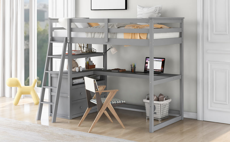 Twin Size Loft Bed with Desk and Shelves, Two Built-in Drawers, Gray(old SKU:GX000803AAE-1)