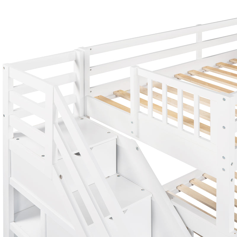 Twin over Full L-Shaped Bunk Bed With 3 Drawers, Ladder and Staircase - White