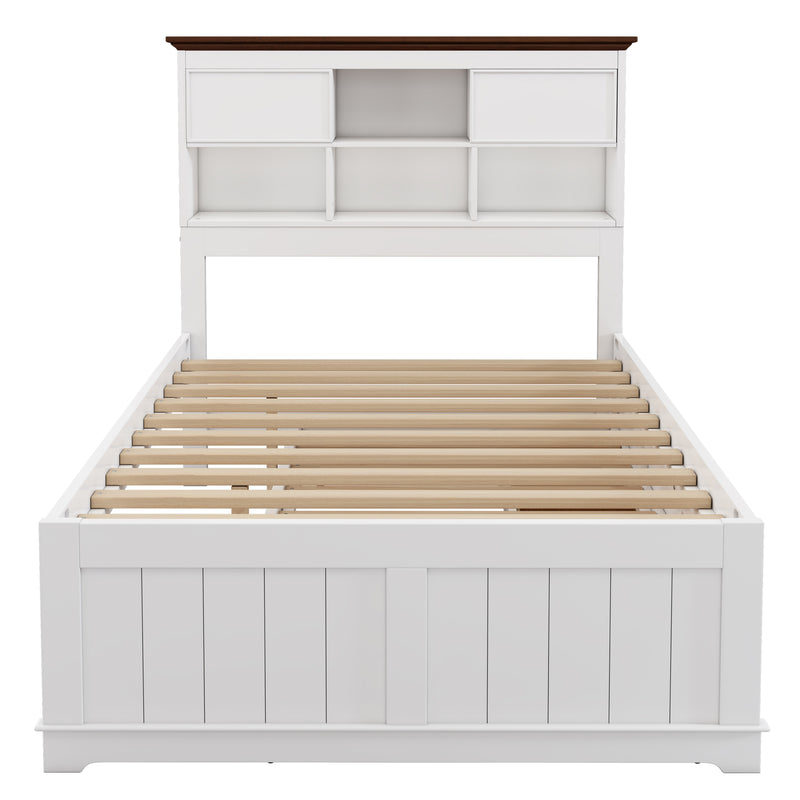 Solid Pine Captain Bookcase Bed with Trundle Bed and 3 Spacious Under Bed Drawers in Casual,Full, White+Walnut