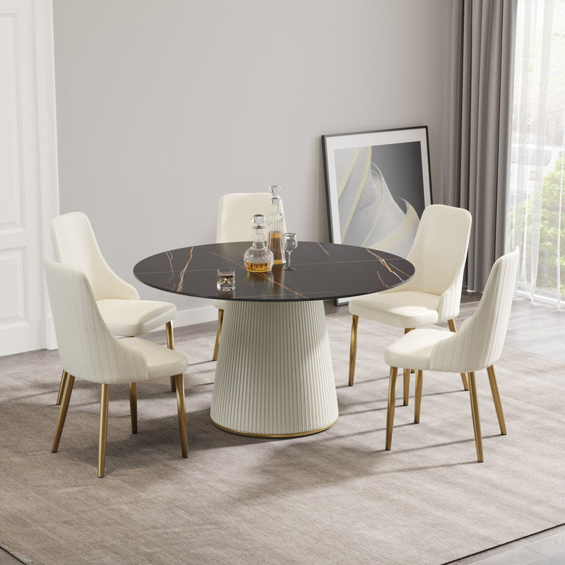 Modern Artificial Stone Round Plywood PU Base Dining Table, Can Accommodate 6 People, (Not Including Chairs) - Black / Beige