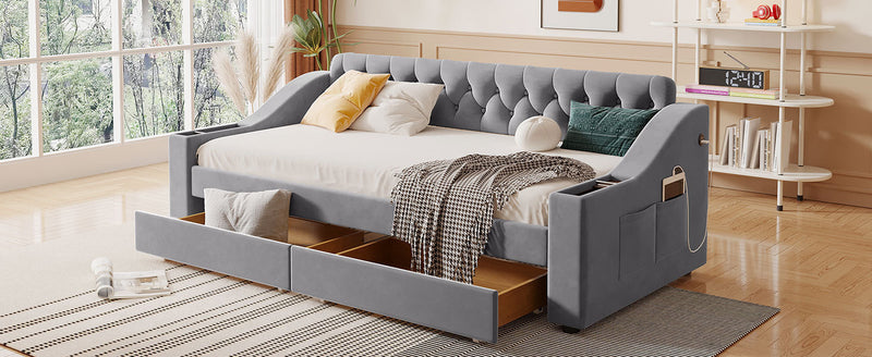 Twin Size Upholstered Daybed with Storage Armrests and USB Port, Gray