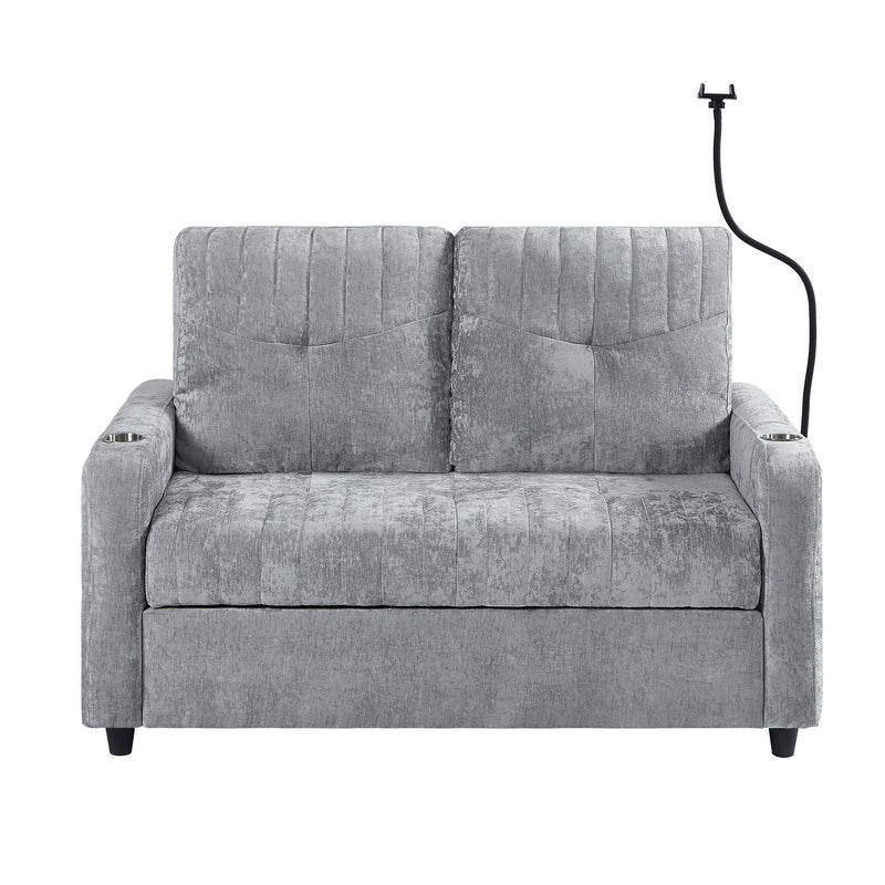 Modern Loveseat Pull Out Sofa Bed With Adjustable Backrest, Two Cup Holders, A Phone Holder, Three Charging Ports And Side Storage Pockets For Living Room