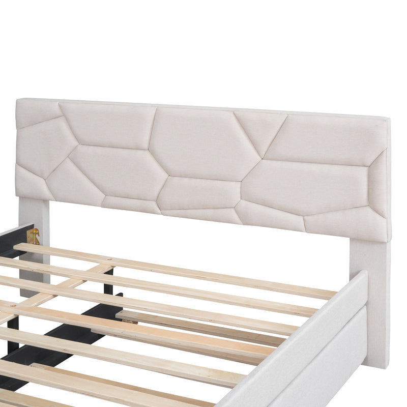 Queen Size Upholstered Platform Bed with Brick Pattern Headboard and Twin XL Size Trundle, Linen Fabric, Beige