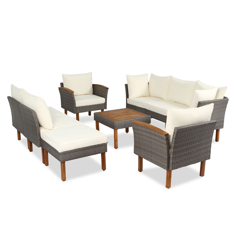 9 Piece Patio Rattan Furniture Set, Outdoor Conversation Set With Acacia Wood Legs And Tabletop, PE Rattan Sectional Sofa Set With Coffee Table, Washable Cushion