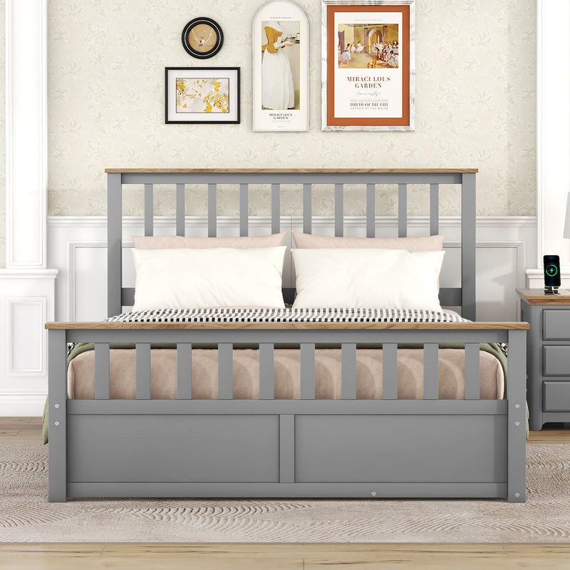 Queen Size Wood Platform Bed with Two Drawers and Wooden Slat Support,Gray+Natrual