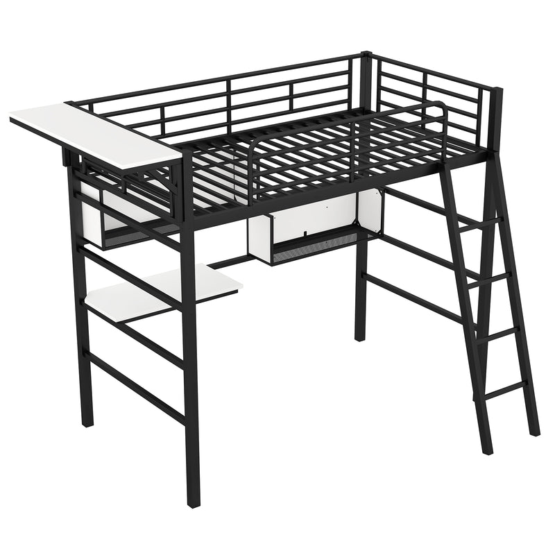 Twin Size Metal Loft Bed with 2 Shelves, a desk and a Hanging Clothes Rack, Black and White