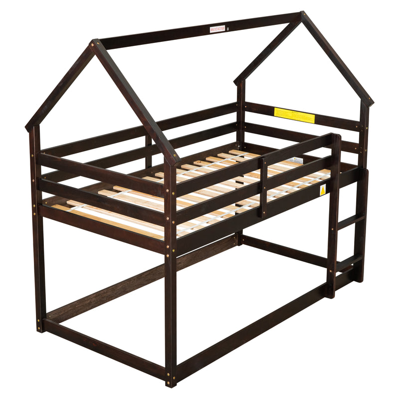 Twin over Twin Loft Bed with Roof Design, Safety Guardrail, Ladder, Espresso