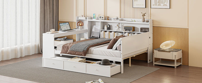 Wooden Daybed With 3 Drawers, USB Ports And Desk