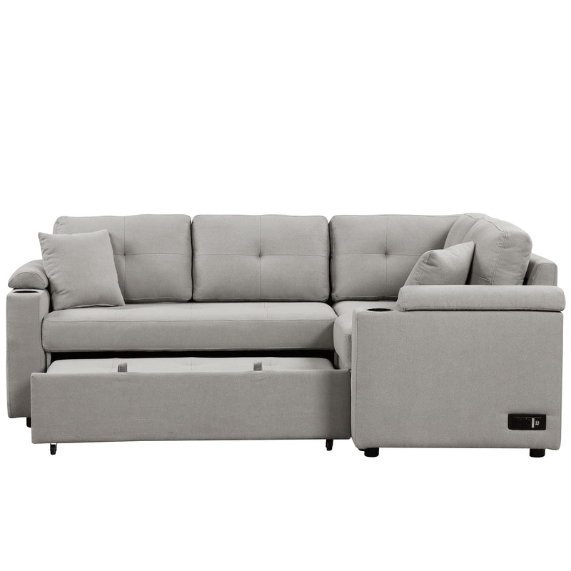 L-Shape Sofa Bed Pull-Out Sleeper Sofa With Wheels, USB Ports, Power Sockets For Living Room